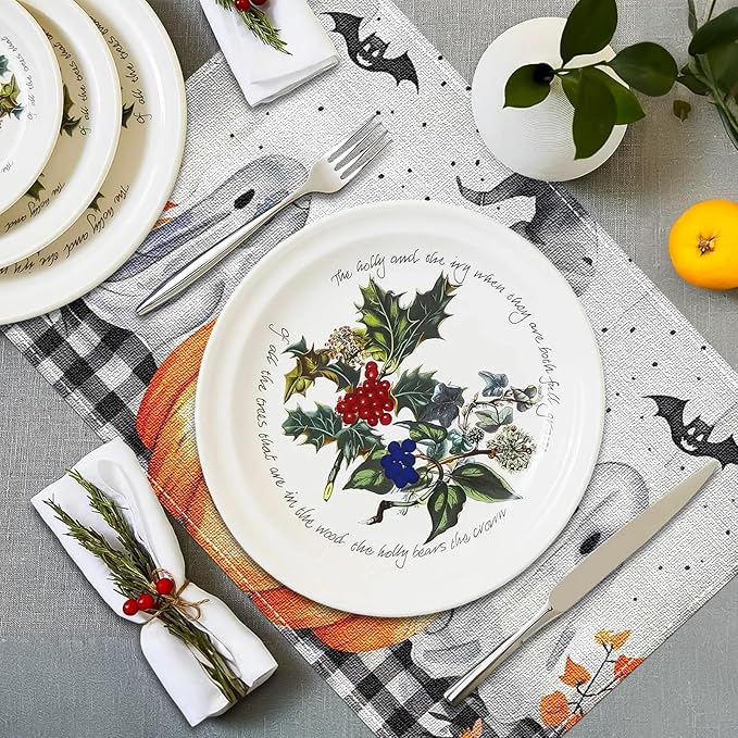 Niviy Buffalo Plaid Bat Ghost Pumpkins Halloween Placemats Set of 6, 12x18 Inch Horror Halloween Table Mats for Holiday Party Kitchen Dining Room Decoration