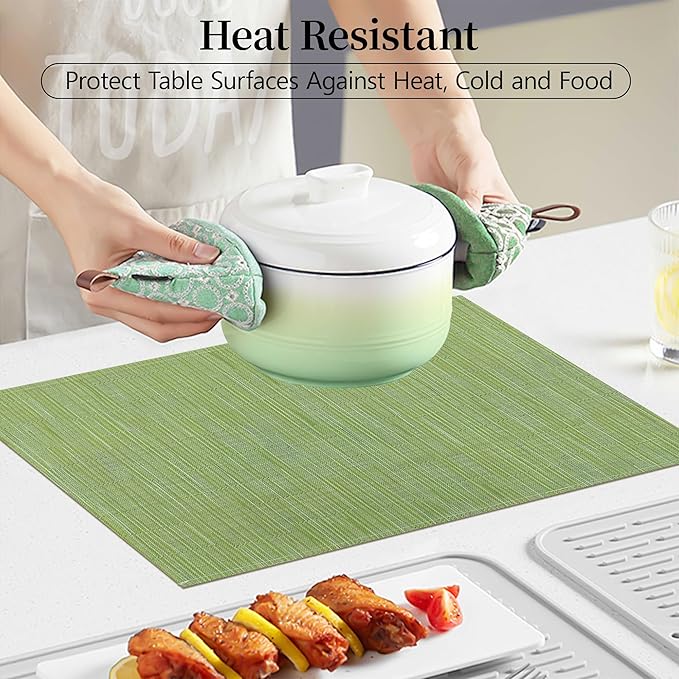 Bloss Placemats Set of 4 Green, Table Mats Set of 4, Linen Woven Placemats for Kitchen Table Indoor/Outdoor, 12" x 18" Washable Place Mats