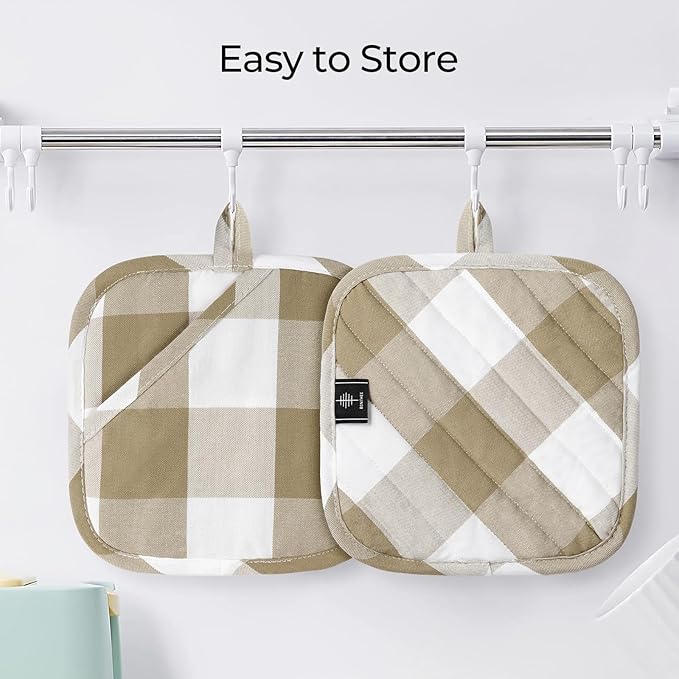 Cotton Pot Holders for Kitchen Heat Resistant Potholder, Hot Pads, Trivet Coaster Non-Slip Potholders Set for Cooking and Baking (2, Light Brown Plaid, Square,8.27 in²)