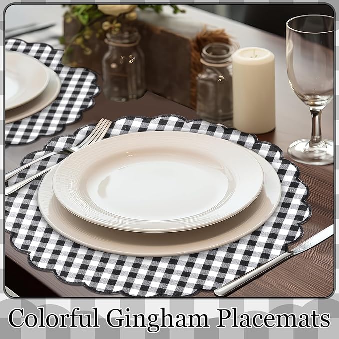 Set of 6 Round Placemats 15 Inch Cotton Scalloped Embroidery Placemat Washable Double Layered Rustic Dinner Table Mat Decor Fabric for Hotel Restaurant Kitchen(Black,Plaid)