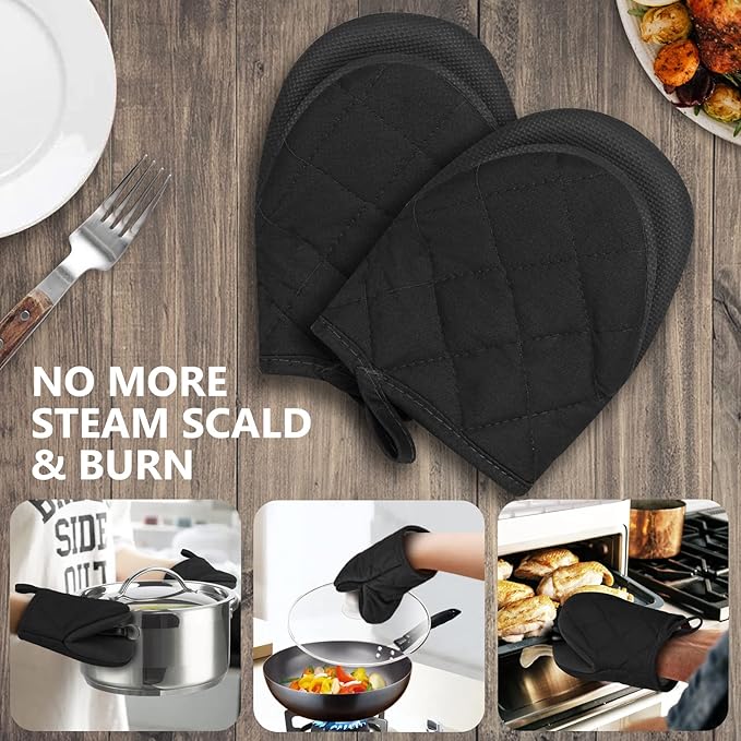 Short Oven Mitts, Heat Resistant 500°F, Silicone Grip Kitchen Gloves, Non-Slip for Baking, Grilling, BBQ, Machine Washable with Hanging Loop, 2-Pack Set, Black