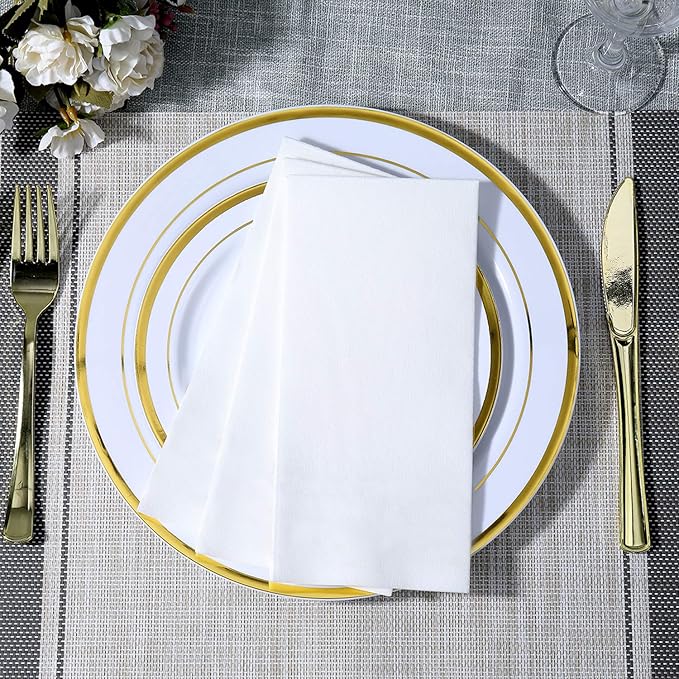 FOCUSLINE 100 Disposable Bathroom Napkins, Linen-Feel Paper Guest Towels, Soft and Absorbent Paper Hand Towels Party Napkins for Bathroom, Kitchen, Dinner, or Event, White, 12" x 17"