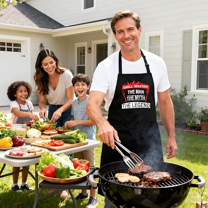 Kaidouma Grill Aprons for Men Funny - Grill Master The Man The Myth The Legend - Men’s Adjustable Bib Cooking Grilling BBQ Aprons with 2 Pockets and Long Ties