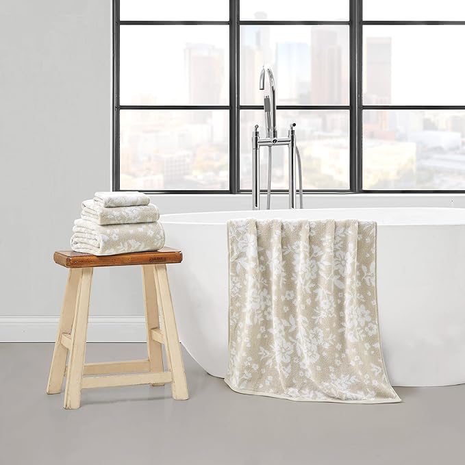 Lucky Brand Folk Floral 6 Piece Bath Towel Set - (2) Bath Towels, (2) Hand Towels, and (2) Washcloths - Beige Taupe Premium Bathroom Towel Set