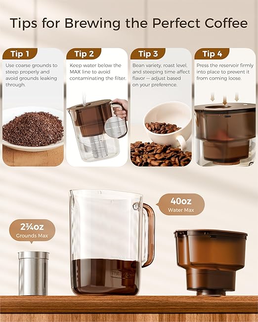 Waterdrop Cold Brew Coffee Maker with 1 Magnesium Water Filter for Well-Balanced Acidity, Unlocks Aroma, BPA-Free Cold Brew Pitcher, Stainless Steel Filter for Iced Coffee, Tea, Lemonade, Brown