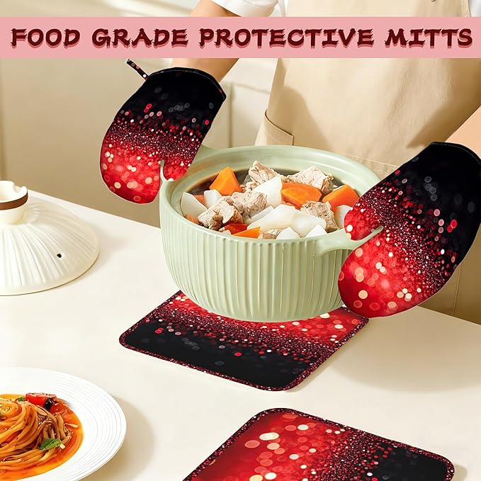 Red Gradient Sparkle Heat-Resistant Silicone Oven Mitts and Pot Holders,Long Oven Gloves with Non-Slip Grip for Cooking, Baking, Grilling,BBQ