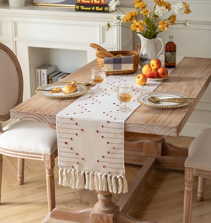 Boho Table Runner 13 x 72 Inch Long Natural Cotton Woven Runner with Tassels for Fall Home Dining Table décor, for Modern Farmhouse Decor Coffee Table Runner, Rust and Beige