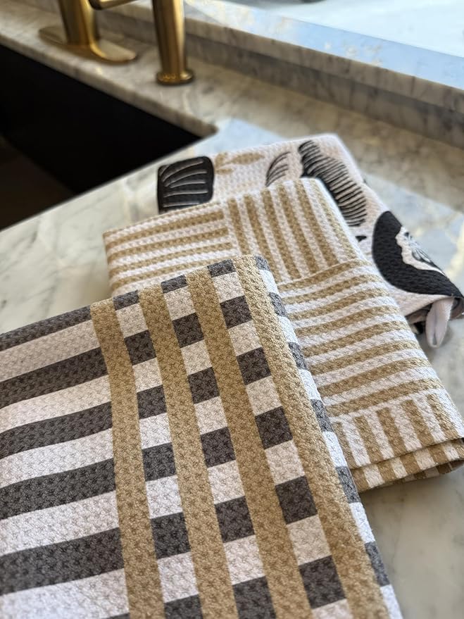 || 3 Pack Double Sided || Kitchen Towels || Dish Towels || Highly Absorbent || Hanging Loop || Dish Cloths || Modern || Designer Prints (Tan/Gray)