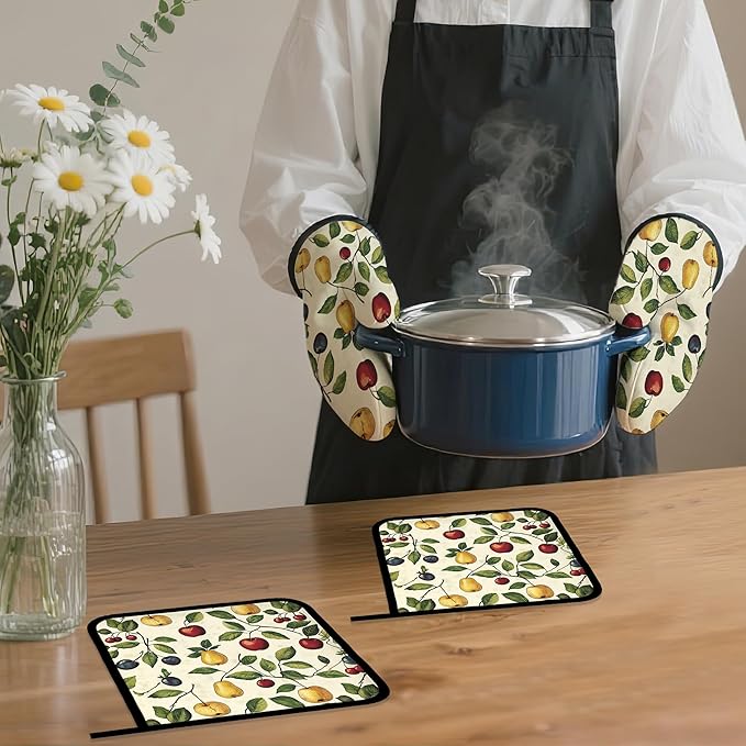 Retro Fruit Oven Mitts and Pot Holders Set,Cherry Kitchen Oven Gloves and Pot Holder with Heat Resistant Non Slip for Cooking Baking Grilling(4 Piece Set)