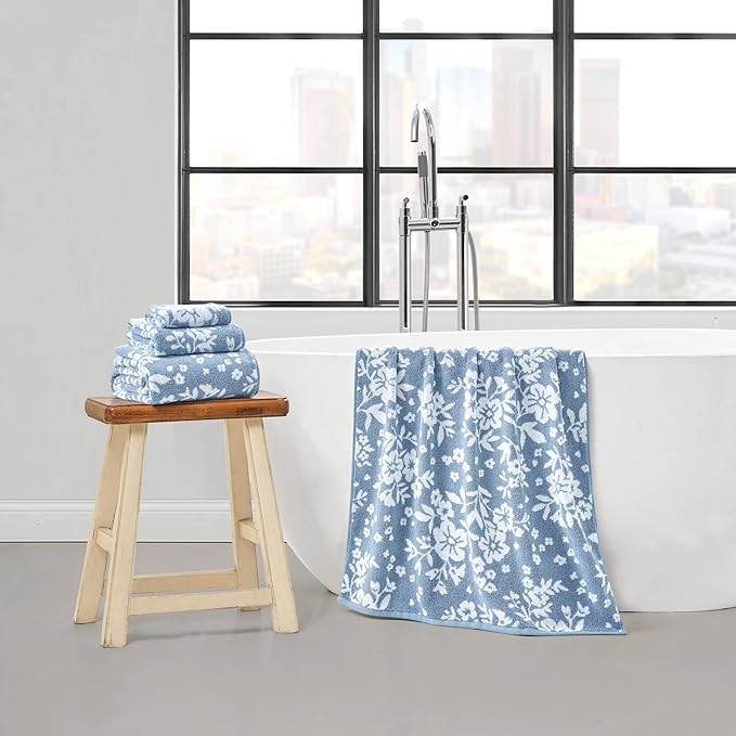 Lucky Brand Folk Floral 6 Piece Bath Towel Set - (2) Bath Towels, (2) Hand Towels, and (2) Washcloths - Dusty Blue Premium Bathroom Towel Set