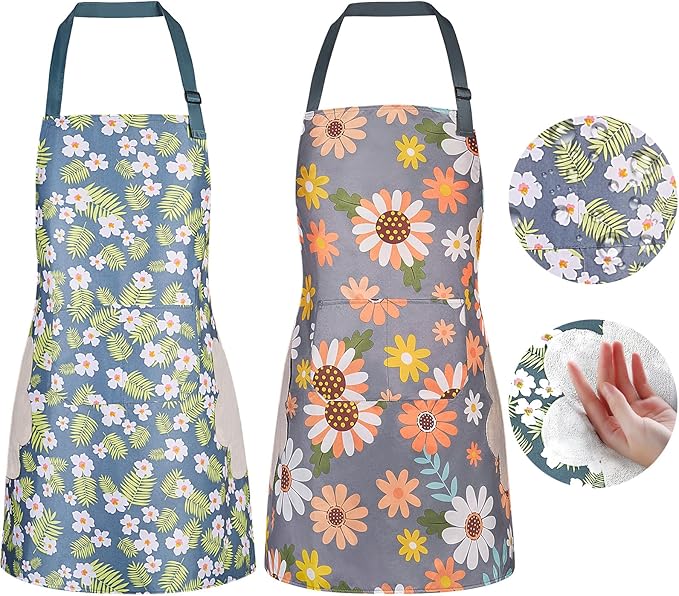 DILLMAN 2 Pack Floral Aprons with Pocket Blooming Womens Waterproof Adjustable Cooking Aprons Kitchen Gardening Salon
