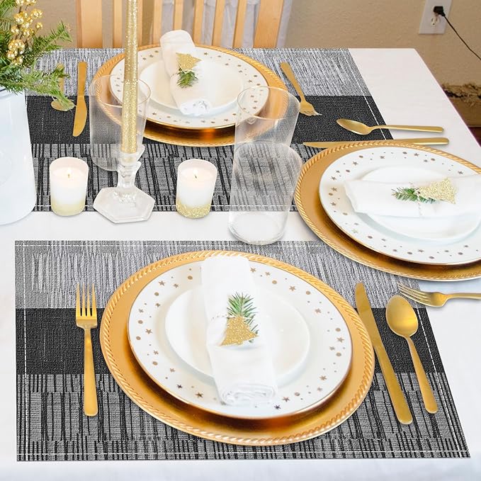 Niviy Black Placemats Set of 6, 12x18 Inch Washable Easy to Clean Heat-Resistant Anti-Skid Indoor Outdoor Table Mats for Holiday Party Kitchen Dining Room Decoration