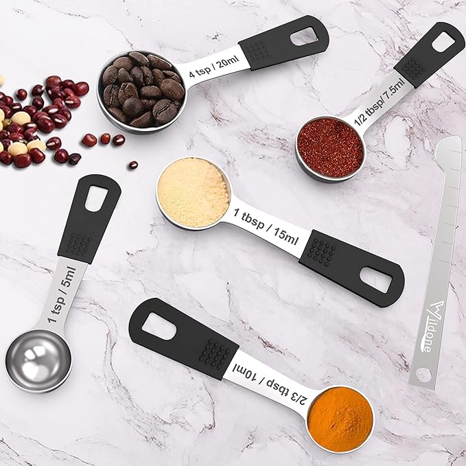 Measuring Cups & Spoons Set of 18 - Wildone Stainless Steel Nesting Measuring Cups 8 Piece and 9 Measuring Spoons, 1 Leveler, Ideal for Dry and Liquid Ingredients (Black)