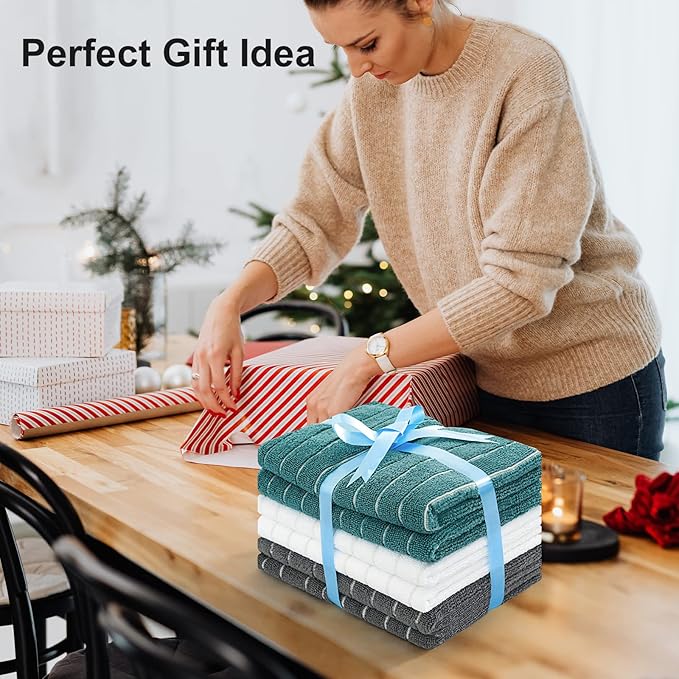 PY HOME & SPORTS Microfiber Kitchen Dish Towels 6 Pack- 17 x 25” Super Absorbent Kitchen Hand Dish Cloths with Upgraded Mesh Design, Lint Free & Quick Drying (Grey/White/Teal)