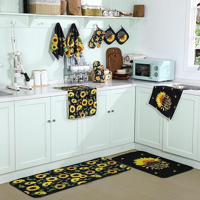 Fourluoo 10 Pcs Sunflower Kitchen Decor Sunflower Oven Mitts and Pot Holders Set Black Dish Towels Summer Rugs Mats Farmhouse Kitchen Accessories for Chef Baking Cooking Grilling BBQ Women Home Gift