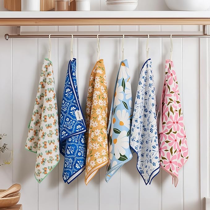 RECYCO Waffle Kitchen Towel Set of 2 - Quick Dry Microfiber Sustainable Dish Towels - Ultra Absorbent Reusable Cleaning Tea Towels - Lightweight Hand Towels,16”x 28”, Petal & Leaf