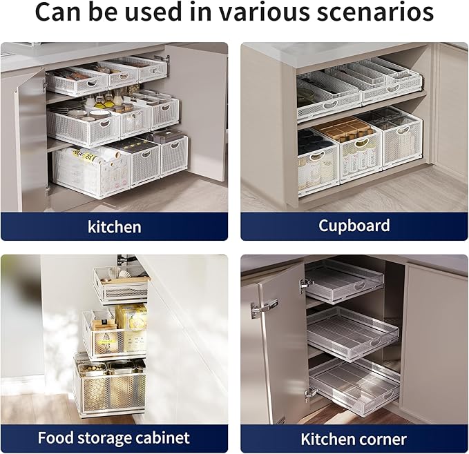 2 Pack Pull Out Cabinet Organizer, No Drill Adhesive Sliding Drawers for Kitchen, Metal Mesh Wire Storage Shelf for Pantry & Under Sink, White (9.6" W x 15.7" D x 8.4" H)