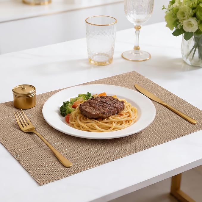 Timeet Placemats Set of 8, Heat Resistant Non-Slip Place Mats, Durable Washable PVC Vinyl Woven Table Mats, Linen Textured Table Placemats for Dining Kitchen Resistant Easy to Clean(Brown)