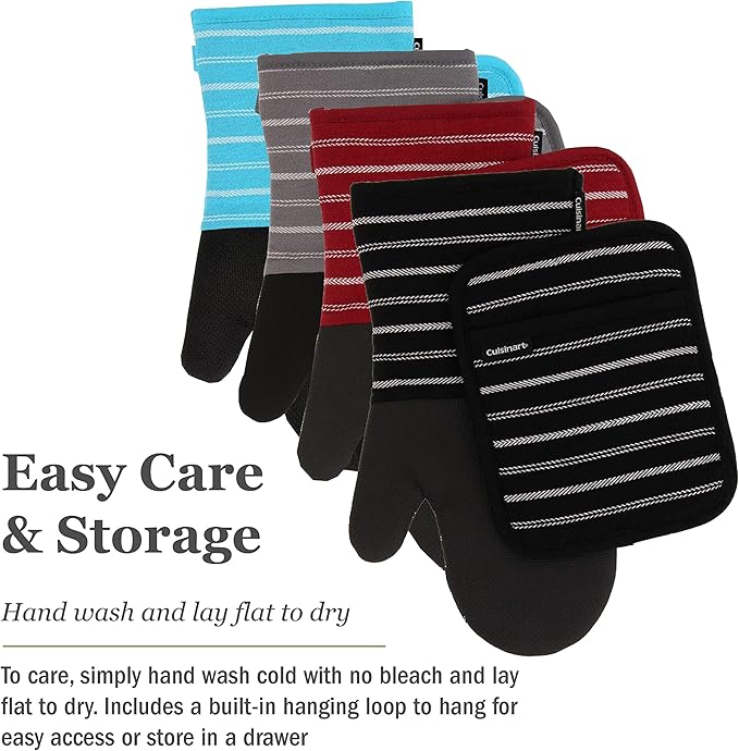 Cuisinart Neoprene Oven Mitts and Potholder Set-Heat Resistant Oven Gloves to Protect Hands and Surfaces with Non-Slip Grip, Hanging Loop-Ideal for Handling Hot Cookware Items, Twill Stripe Red Dahlia
