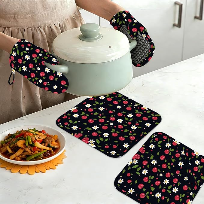 Cherry Oven Mitts and Pot Holders Sets of 4, Heat Resistant Daisy Floral Silicone Oven Mitts Gloves Non-Slip Kitchen Mittens Potholders for Cooking Baking Grilling BBQ