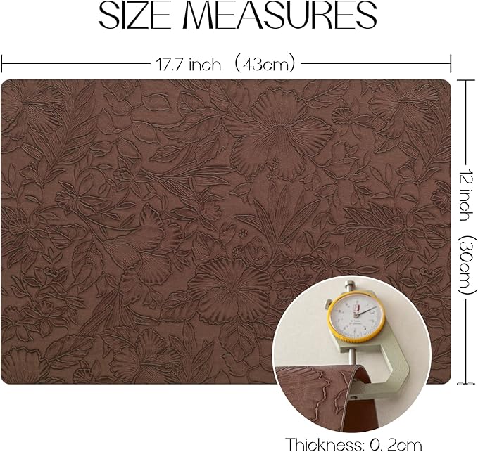 Romanstile Vinyl Placemats Set of 8-12 X 17 Inch - Heat Resistant Non-Slip Embossed Floral Place Mats 100% Waterproof Oilproof Wipeable Faux Leather Table Mats for Kitchen/Dining/Party, Brown