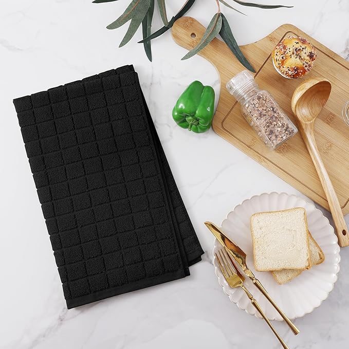 Homaxy Premium Cotton Kitchen Towels 16"x 28", Large Natural Ring Spun 390 GSM Dish Towels, Super Absorbent Terry Kitchen Hand Towels, Soft Tea Towels with Hanging Loop, Pure Black Design, 8 Pack