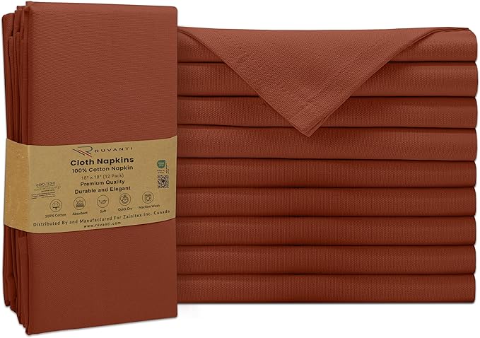 Ruvanti Cloth Napkins Set of 12, 100% Cotton High GSM 18x18 Inches Soft, Washable, Highly Durable & Absorbent, Perfect for Parties, Christmas, Thanksgiving Dinners – Rust