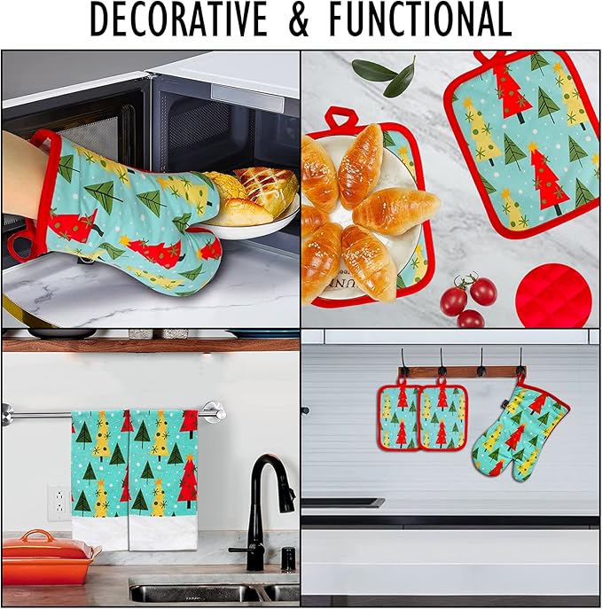 Oven Mitts and Potholders Dish Towles Set 100% Cotton for Perfect for Gifting, Baking and Everyday Cooking Durable Heat Resistant for Kitchen (5-Piece Christmas Tree)