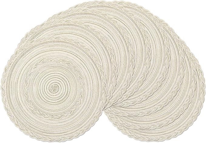 SHACOS 15 inch Round Braided Placemats Set of 12 for Dining Table Woven Boho Place Mats Kitchen Placemat Washable Table Mats, Ivory Bordered