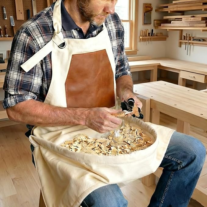Woodcarving Apron-Work Apron with Brown Leather Chest Patches, Tool Pocket