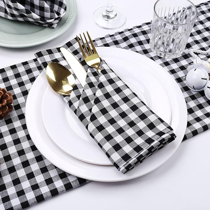 Black and White Checkered Napkins Set of 6, 18 x 18 Inches Buffalo Plaid Cloth Napkins, Halloween Washable Reusable Gingham Cloth Table Dinner Napkins for Wedding, Parties, Dinner Celebration