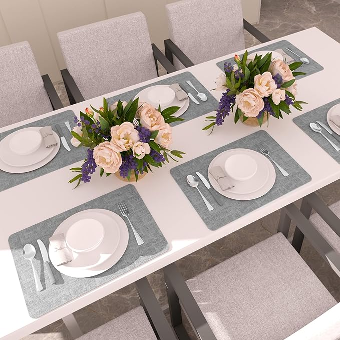 Maxpearl Faux Leather Placemats Set of 8 – Waterproof, Wipe Clean, Heat Resistant, Non-Slip Dining Table Mats for Indoor & Outdoor Use, 17”×12”, Grey