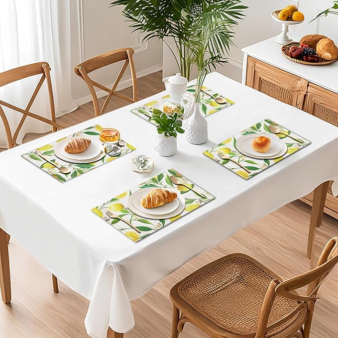 Lemon Table Placemats Set of 4 Place Mats Linen Washable Wipeable Placemats Heat Resistant Placemats Fabric Waterproof Rectangle Table Mat for Kitchen Dining Dinner 18 X 12 Inch, Lemon