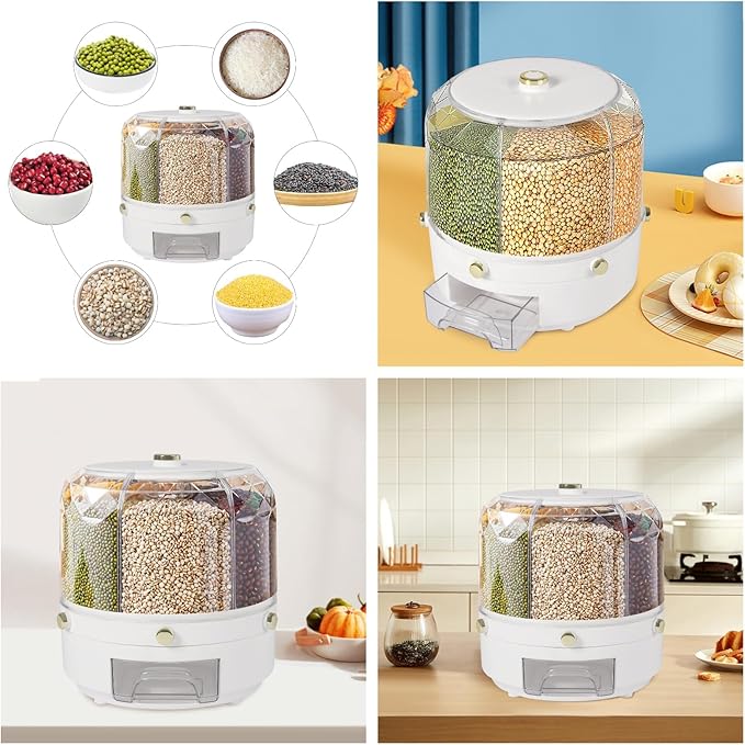 Cereal Dispenser, 6-grid 360° Rotating Grain Dispenser, 6 in 1 Sealed Clear Rice Dispenser, 6kg/13.2lbs Grain Storage Container, Countertop PP+PET Round Granular Dry Food Dispenser, 9.84*9.84in White