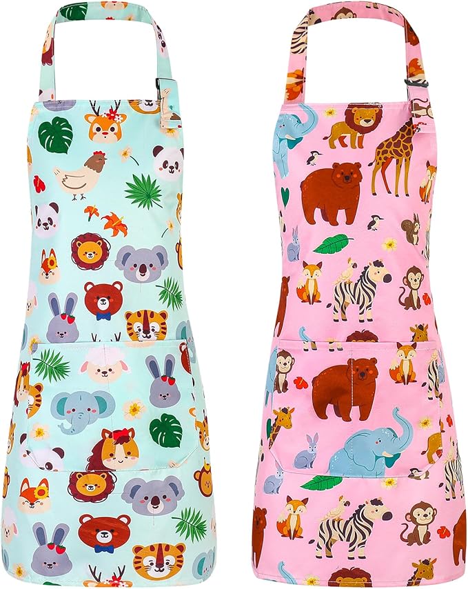 2 Pack Kids Apron, Cute Cooking Aprons, Waterproof Art Apron with Pockets, Toddler Painting Artist Apron Adjustable