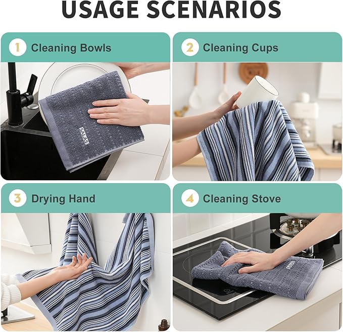 Kitchen Dish Towels for Drying Dishes, Large Cotton Kitchen Towels, Stripped Terry Dish Cloths, Thick Highly Absorbent Towel Sets with Hanging Loop, 16" X 26", 6 Packs, Blue and Solid Color