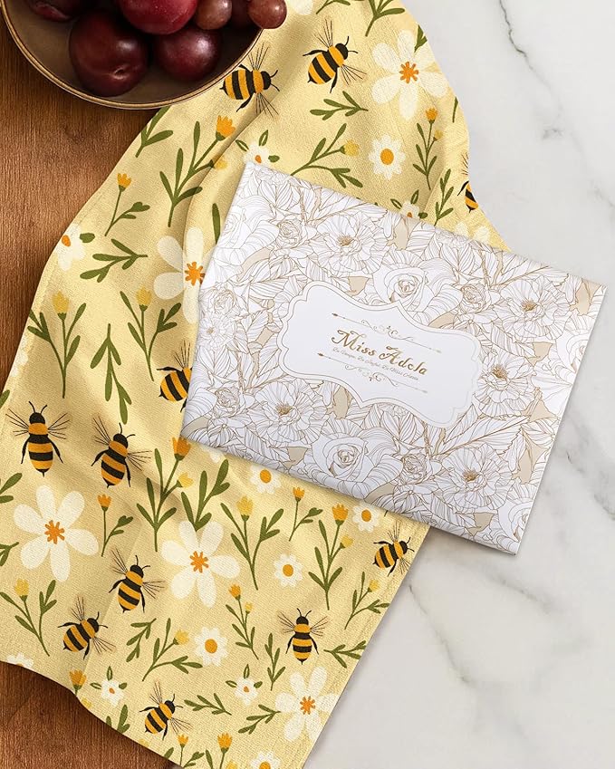 Miss Adola Cotton Kitchen Towels Set of 2 - Cute Design 16×26 Inch Dish Towels for Kitchen with Hanging Loop Bee Quick Dry Hand Towels Soft & Absorbent, Home Decorative,Terry Cloth Tea Towels
