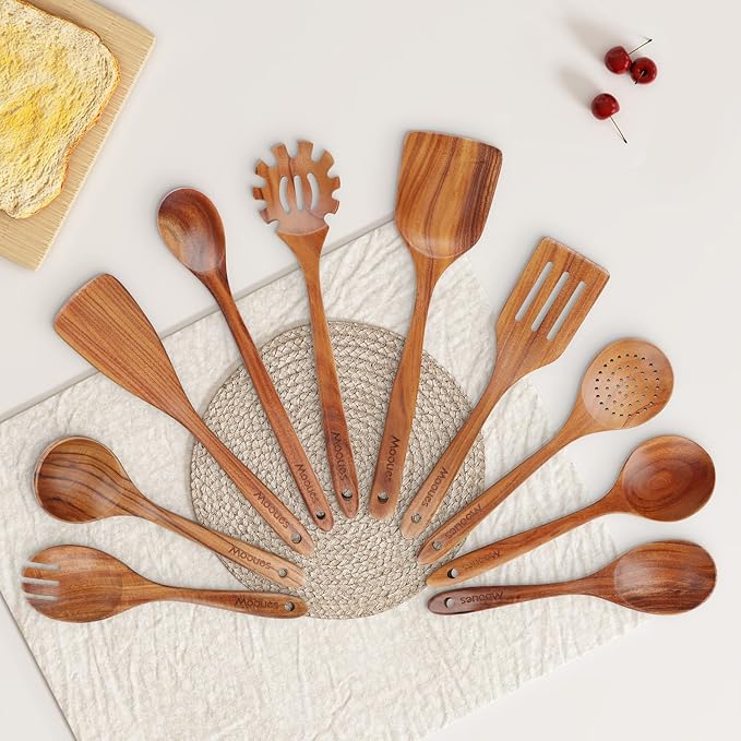 Mooues Wooden Spoons for Cooking, Wooden Utensils for Cooking Natural Teak Wooden Kitchen Utensils Set Comfort Grip(10 PCS SET GIFT BOX)