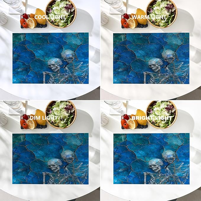 Batmerry Lapis Lazuli Skeleton Placemats, Cracked Blue with Skulls Washable Linen Table Mats for Kitchen Table Double Insulation Decor Dining Set Indoor Outdoor 12X18 in Set of 4