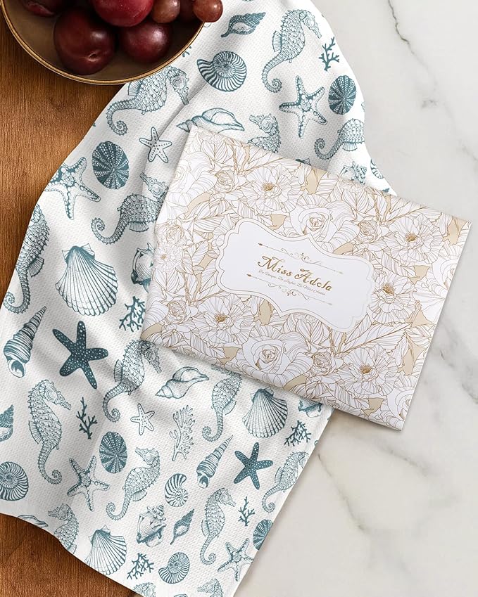 Miss Adola 2pcs Waffle Kitchen Towels - 16x26 Inch Cotton Waffle Weave Dish Cloths Set of 2 with Hanging Loop Absorbent Hand Tea Towels Coastal Design for Housewarming Gift, Nautical