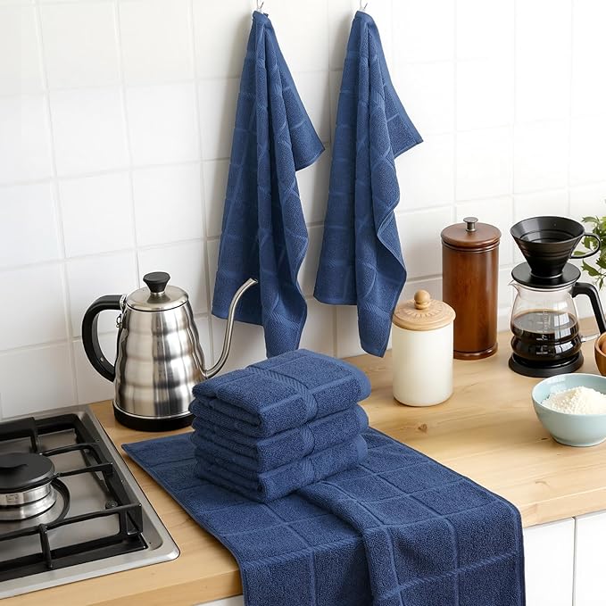 Homaxy Premium Kitchen Towels 18"x28", 4 Pack Large Cotton 380 GSM Dish Towels, Soft and Absorbent Kitchen Hand Towels with Terry Grid Design, Utility Tea Towel Set with Hanging Loop, Navy Blue