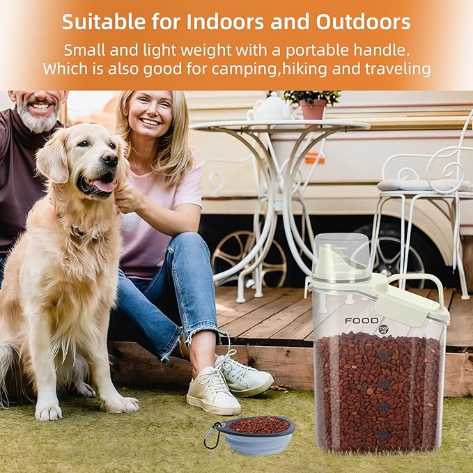 LEAWALK 3-5LBS Airtight Pet Food Storage Container PBA-free,With Large Nozzle/Measuring Cup/ 4 Press Buckle for Dogs, Cats, Birds, Chicken Lndoor and Outdoor Use (Black + Beige) 2 Pack