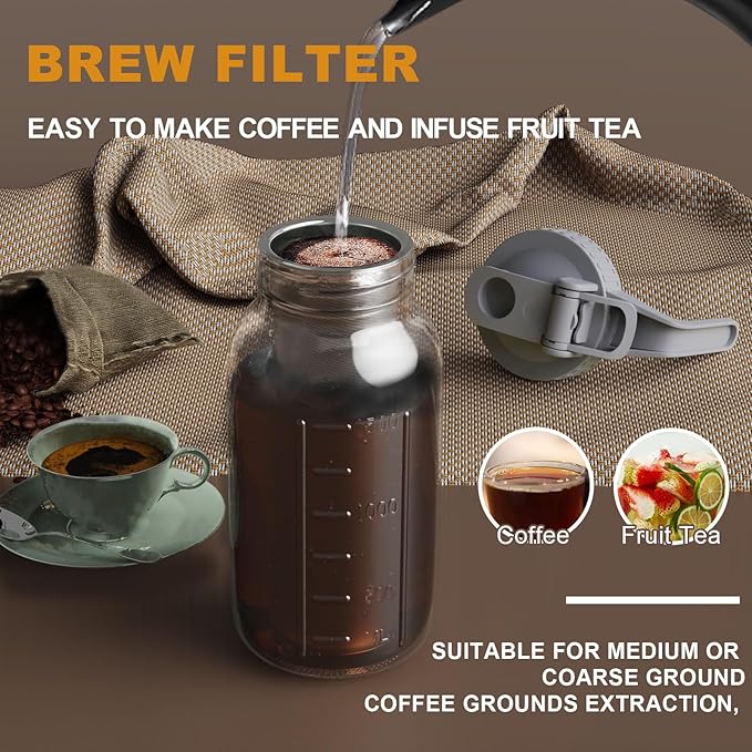 JunVpic Cold Brew Coffee Maker Jar - 64oz Wide Mouth,LeakProof,Heavy Duty Glass Mason Pitcher with Spout Lid,Handle & Stainless Steel Filter for Iced Coffee,Lemonade,Ice Tea & Fruit Drinks