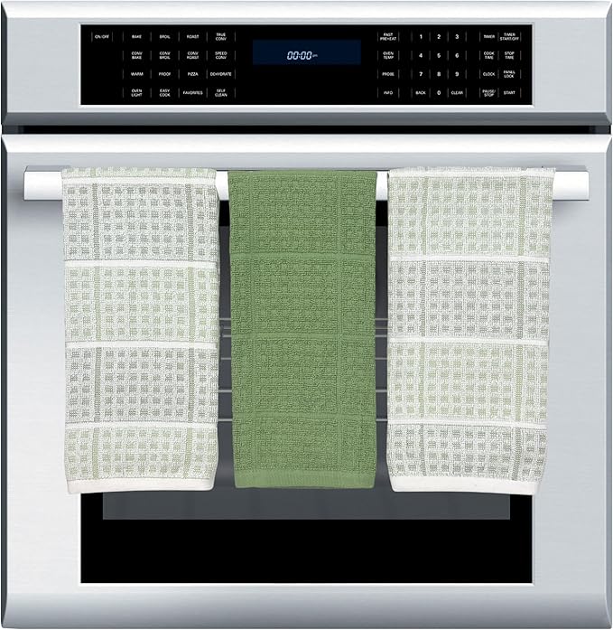 Sage Green Kitchen Dish Towels – Set of 3 100% Cotton Cloth Soft Cleaning Drying Absorbent Textured Waffle & Checkered Weave – Oversized 28" x 18" Multipurpose Towels for Everyday Use