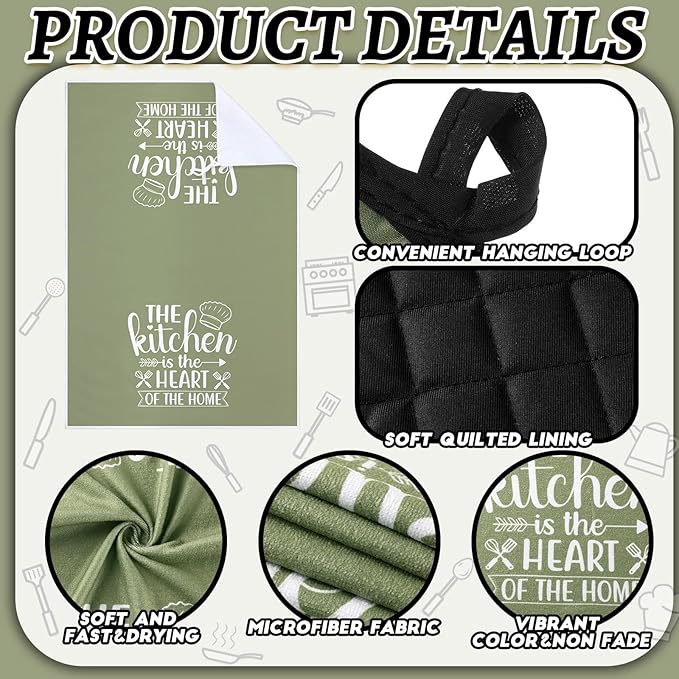 Sratte 6 Pcs Kitchen Decor Accessories Set Farmhouse Towels Pot Holders Oven Mitts Set 2 Dish Towels 2 Potholders 2 Cooking Mittens Oven Glove for Christmas Baking Cooking Supply(Green,Kitchen)