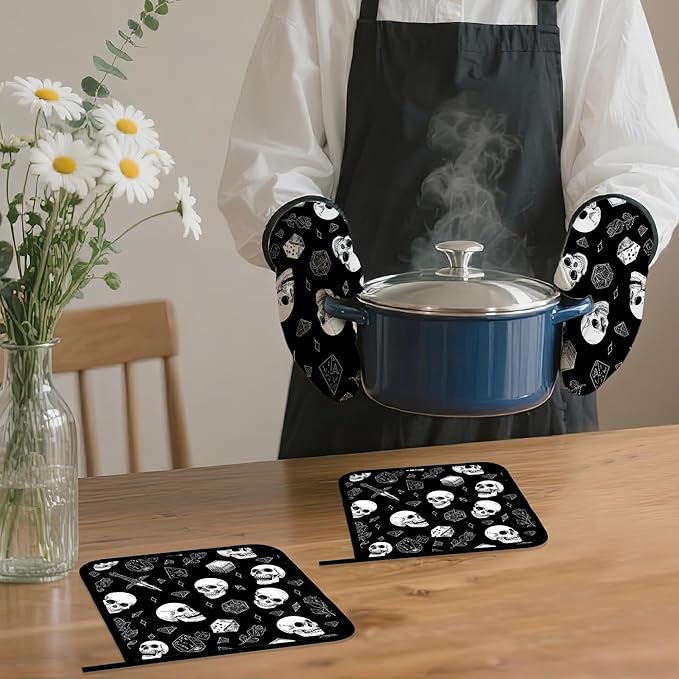 Skull Head Oven Mitts and Pot Holders, Rose Heat Resistant Oven Mitts Gloves and Pot Holder for Home Kitchen Decorations Cooking Baking BBQ Gifts,Set of 4