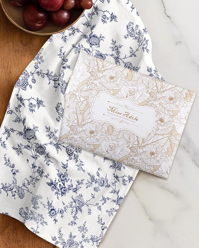 Miss Adola 2pcs Waffle Kitchen Towels - 16x26 Inch Cotton Waffle Weave Dish Cloths Set of 2 with Hanging Loop Absorbent Hand Tea Towels French Country Design for Housewarming Gift, Toile Print