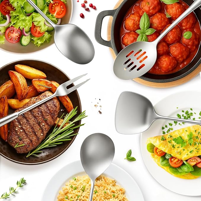 Newness 9 Pcs Cooking Utensils Set, 304 Stainless Steel Kitchen Utensils Set, Metal Kitchen Accessories, Include Soup Ladle, Slotted Skimmer Spoon, Spaghetti Spoon and Spatula, Dishwasher Safe (Short)