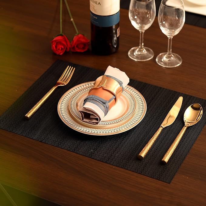 SLKQG Black Placemats Set of 8 - Easy Clean Washable Vinyl Placemats - Heat Resistant Placemats for Kitchen Table - PVC Table Mats for Dining Table (Pure Black, 8)