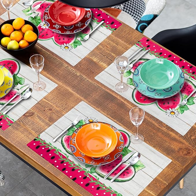 Watermelon Placemat for Table Dining Set of 4,Tropical Fruit Heat Resistant Washable Table Mats,White Daisy Table Dining Mat for Seasonal Party Kitchen Decor